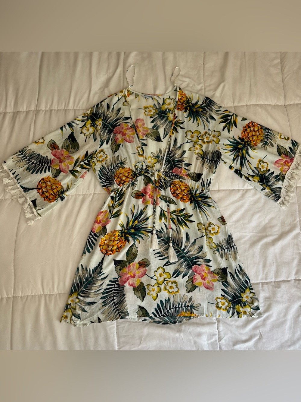blue island Cream Tropical Pineapple & Floral Kimono/coverup